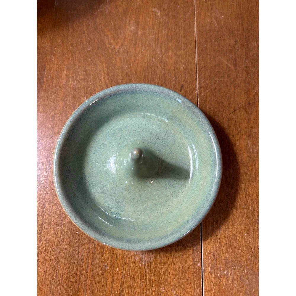 Studio Pottery Ceramic Ring Holder Dish Sage Green Glazed Jewelry Organizer Tray